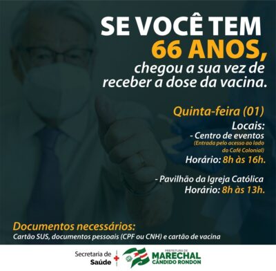 Vacinação nesta quinta-feira será para rondonenses de 66 anos