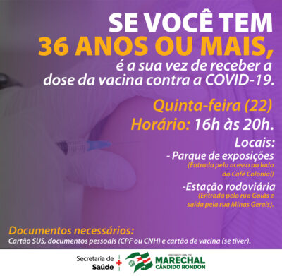 Rondonenses com 36 anos ou mais, caminhoneiros e trabalhadores de diferentes grupos serão imunizados nesta quinta-feira